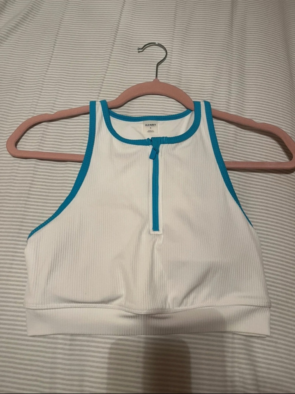 Old Navy White Ribbed Crop Tank with Blue Trim